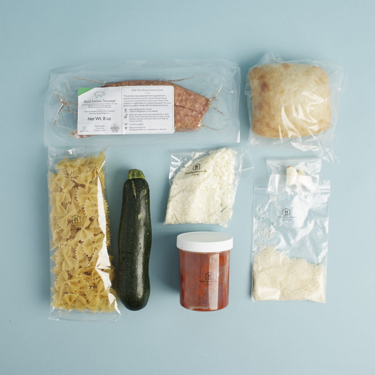 ingredients for Baked Italian Sausage Farfalle with garlic bread