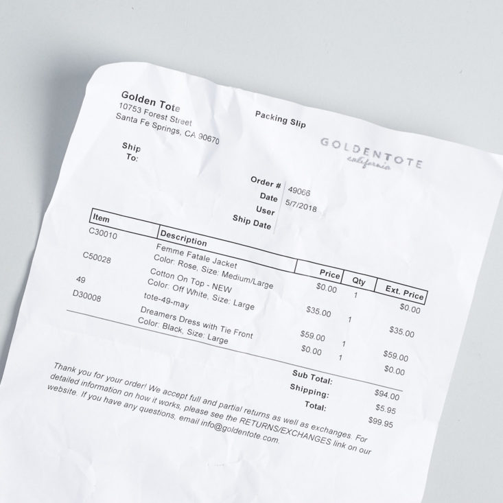 golden tote invoice