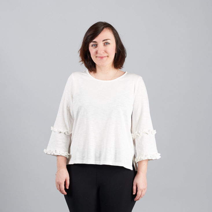 golden tote white shirt on model