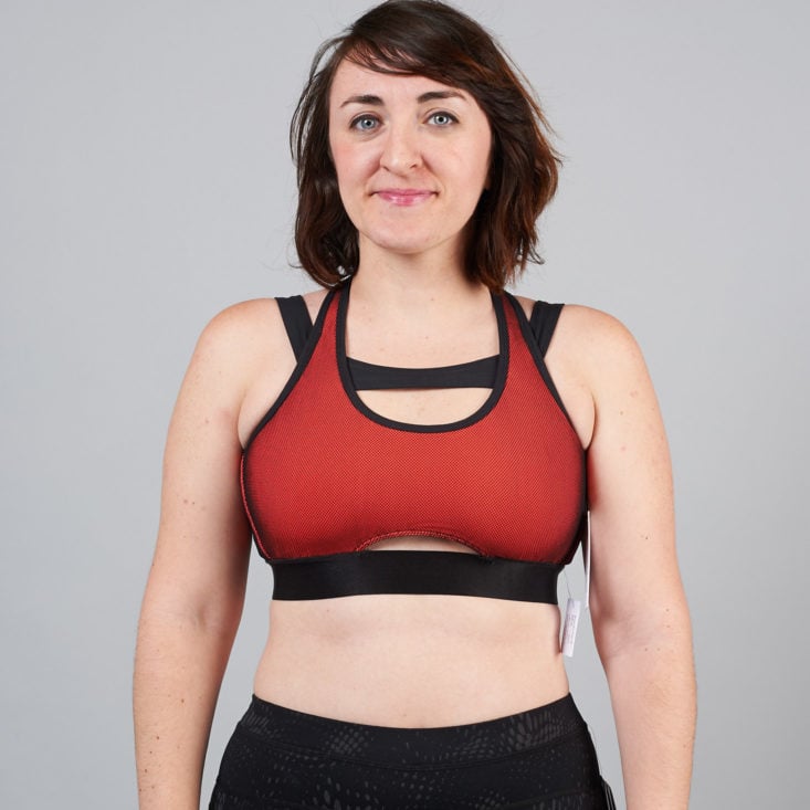 wantable fitness red sports bra on model