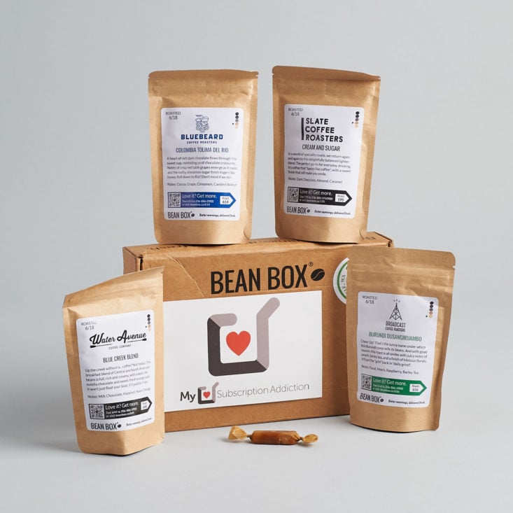 Bean Box June 2018 review featuring 4 coffees and a candy.