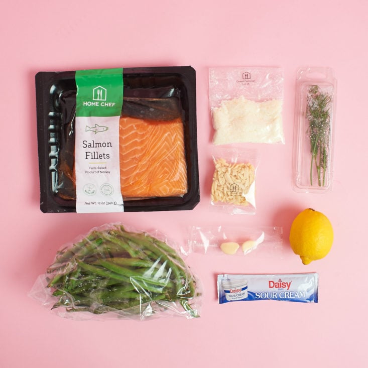ingredients laid out for Salmon with Dill Crema and green beans amandine