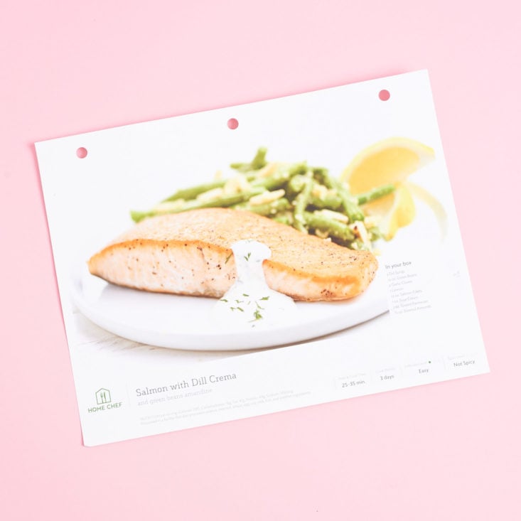recipe card for Salmon with Dill Crema and green beans amandine