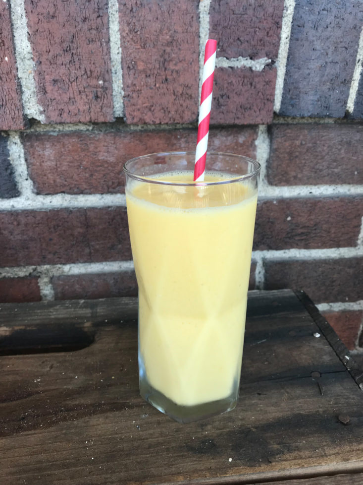 finished Lookin' Fineapple Smoothie with ginger and Greek yogurt in glass