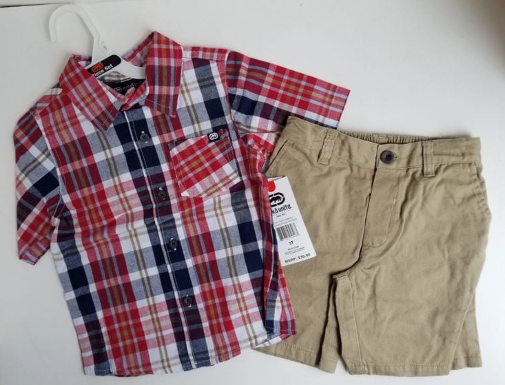 Kidbox July 2018 plaid button down and khaki shorts