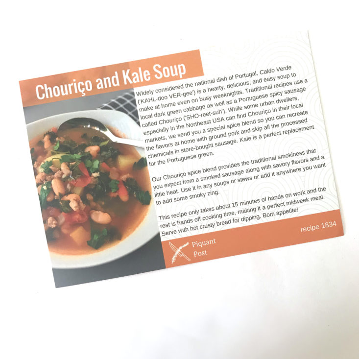 Piquant Post July 2018 - chourico and kale soup recipe
