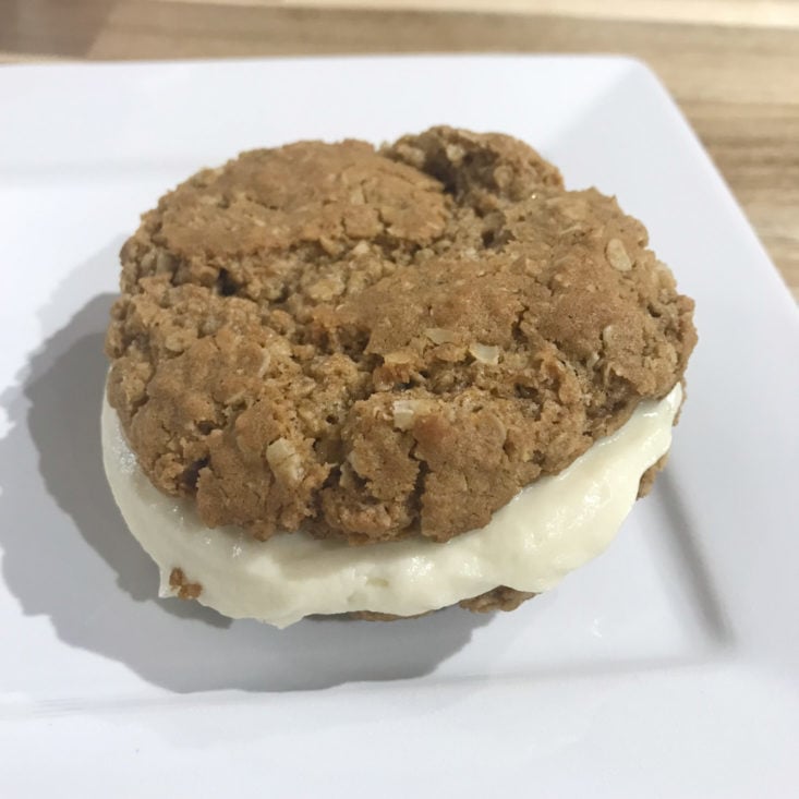 close up of Plated Oatmeal Cookie Sandwiches with Maple Buttercream