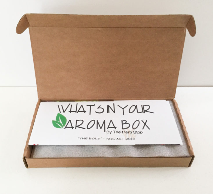 aroma box by herb stop the bold august 2018 box inside