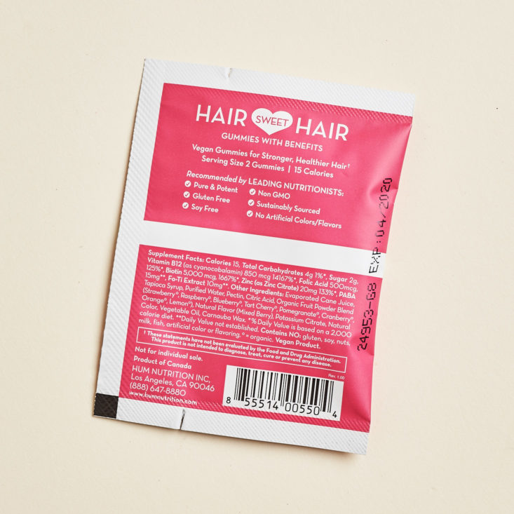 Birchbox Curated September 2018 - Hum Hair Sweet Hair Gummy Vitamin, 2 gummies Back