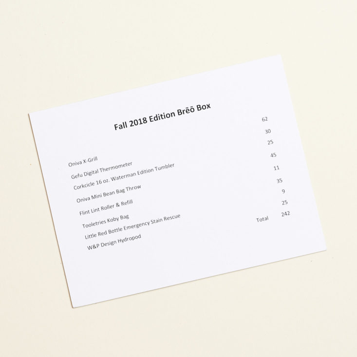 Breo Box Fall September 2018 - Product Pricing Pamphlet