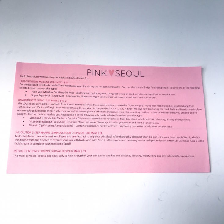 Pink Seoul Mask info sheet 1