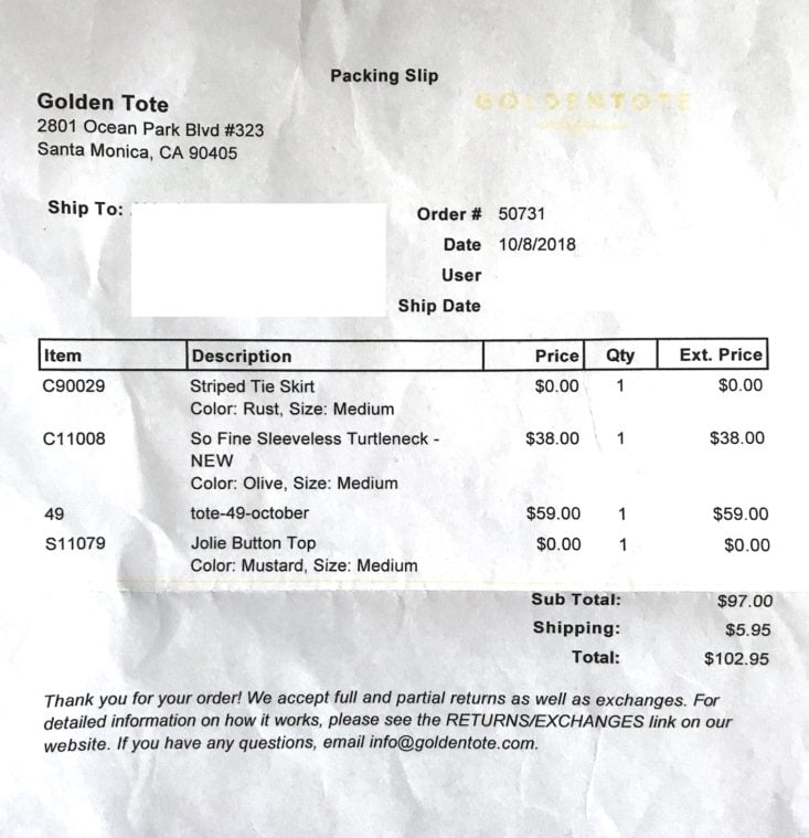 Golden Tote October 2018 - Invoice Front View