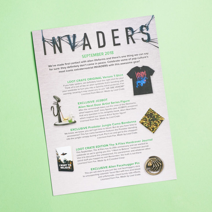 Loot Crate Invaders September 2018 - Information Card Front 1