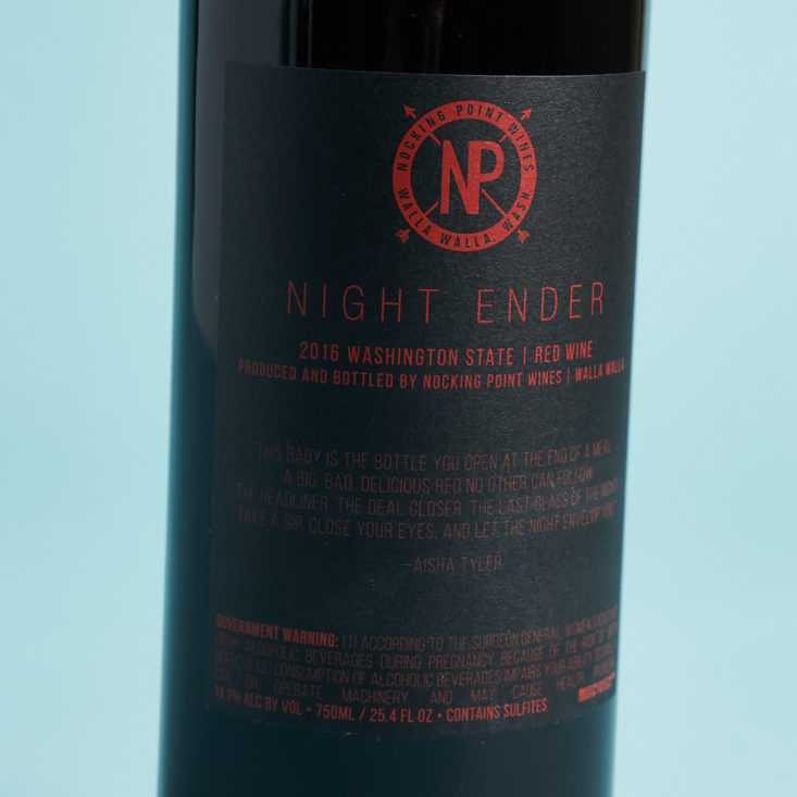 Nocking Point Wine Club Fall October 2018 - 2016 Night Ender label
