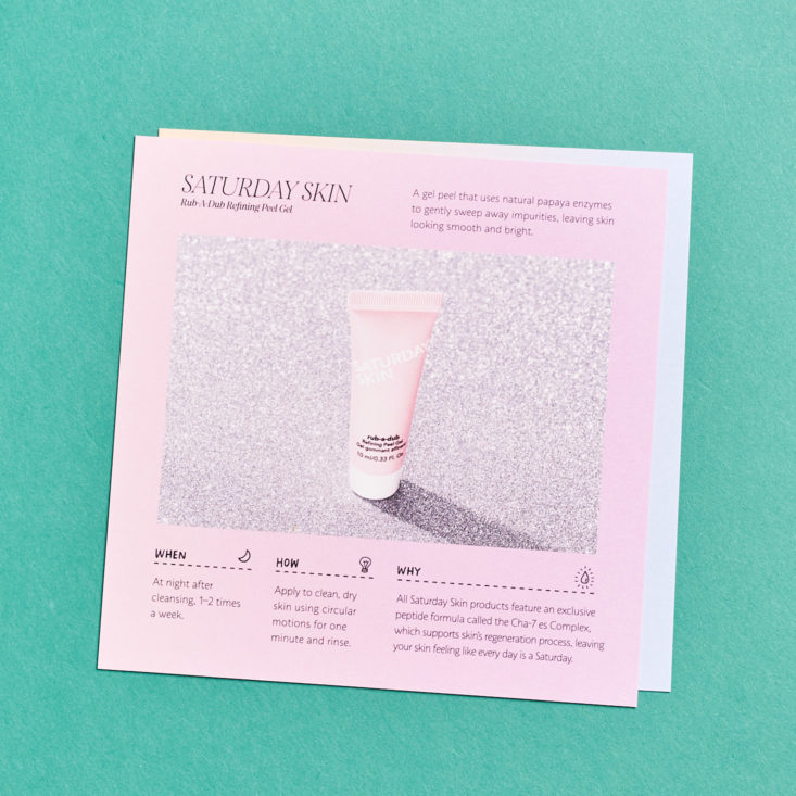 Play! Smarts by Sephora K-Beauty October 2018 - rub-a-dub Refining Peel Gel Info Card Top 1