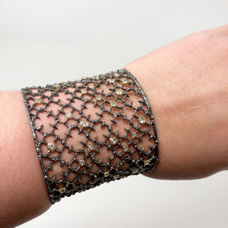 Switch Designer Jewelry Rental October 2018 - Alexis Bittar Crystal Studded Spur Lace Cuff Wearing Topq