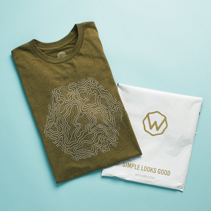 Olive green graphic tee from Wohven subscription.