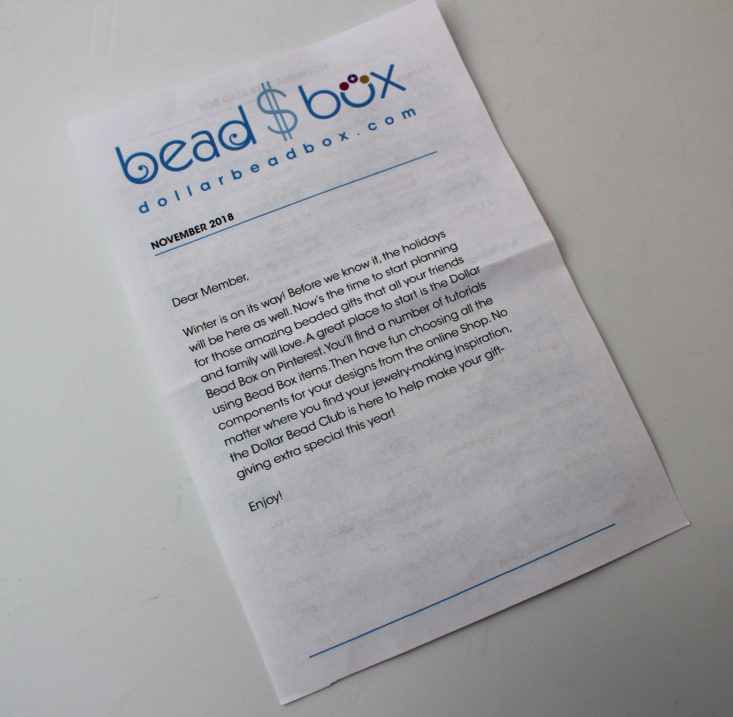 Dollar Bead Box November 2018 Review - Information sheet Front