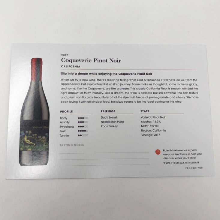 Firstleaf Wine November 2018 - Coqueverie Pinot Noir Info Card Back