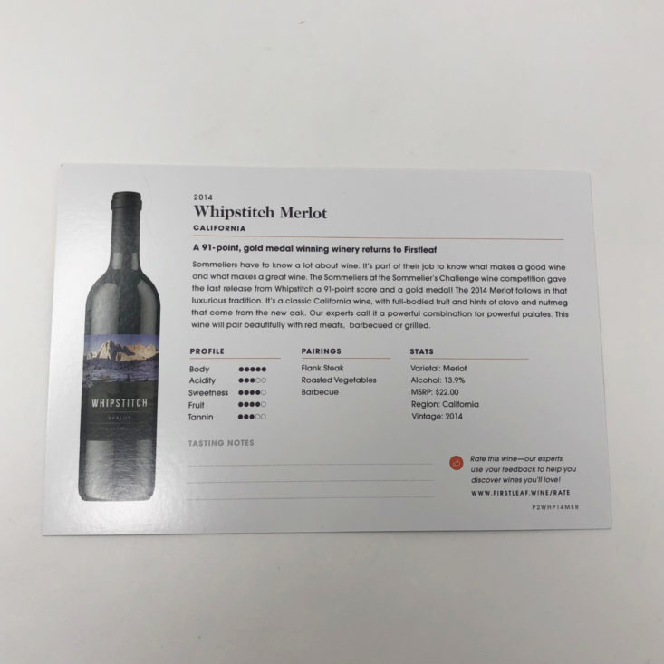 Firstleaf Wine November 2018 - Whipstitch Merlot Info Card Back