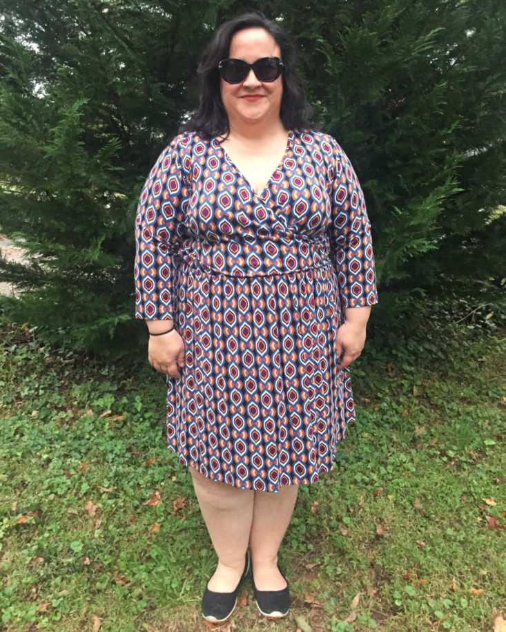Gwynnie Bee Subscription Review November 2018 - RENEE C - Surplice Multi Print Dress Front