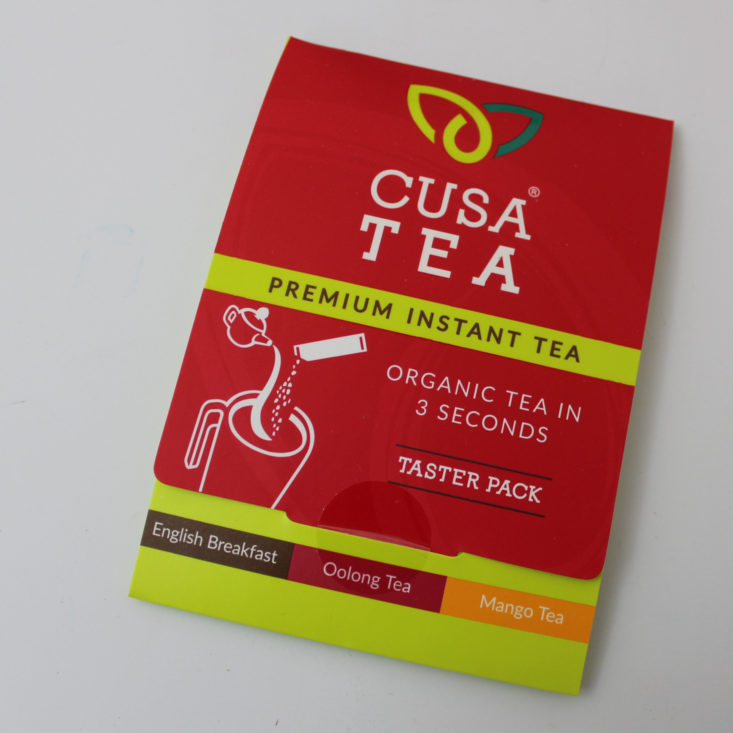 Vegan Cuts Snack Box November 2018 Review - Cusa Tea Premium Instant Tea Taster Pack Card Top