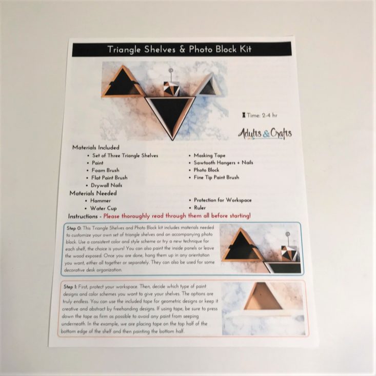 Adults & Crafts Triangle Shelves & Photo Block Kit November 2018 Review - Instruction Card Front