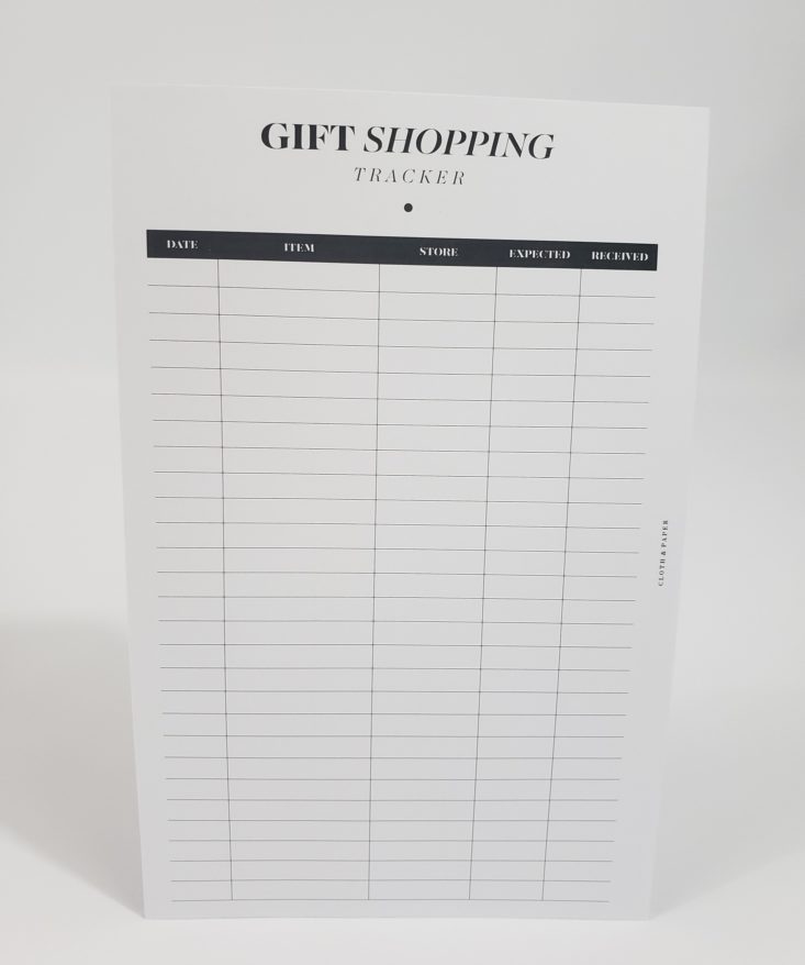 Cloth & Paper Subscription Box November 2018 - Gift Shopping Tracker 1