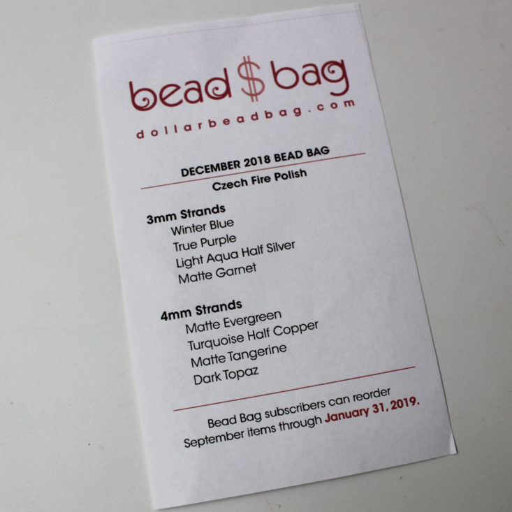 Dollar Bead Bag December 2018 - Booklet Front