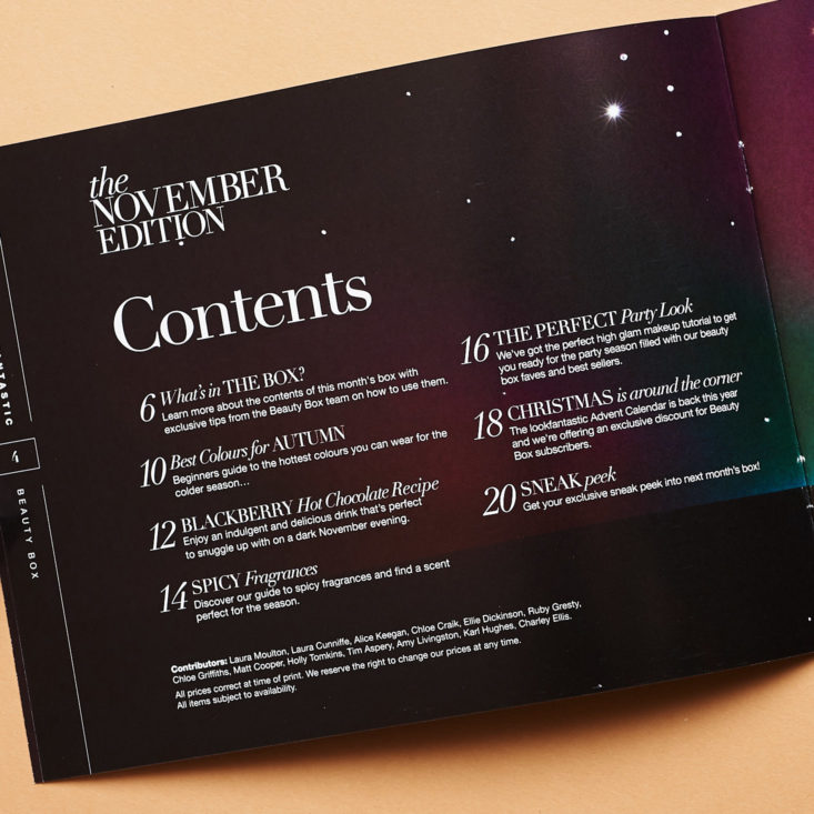 Look Fantastic November 2018 booklet contents