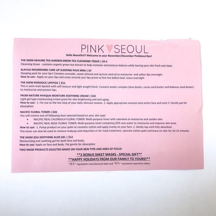 PinkSeoul Box November 2018 Review - InformationSheet Top