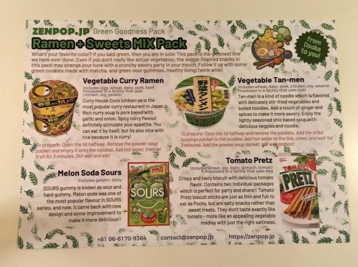 ZenPop Ramen Sweets Mix Pack November 2018 Green Goodness Review - information sheet Front