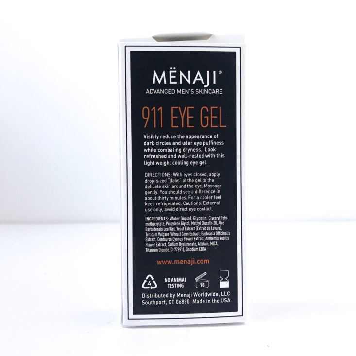 BirchboxMan The Start To Finish Skincare Kit Review January 2019 - Menaji 911 Eye Gel Box Back