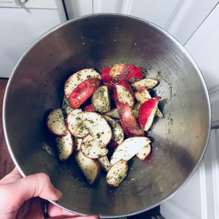 Blue Apron Subscription Box Review January 2019 - CHICKEN POTATO WEDGES In Pan Top