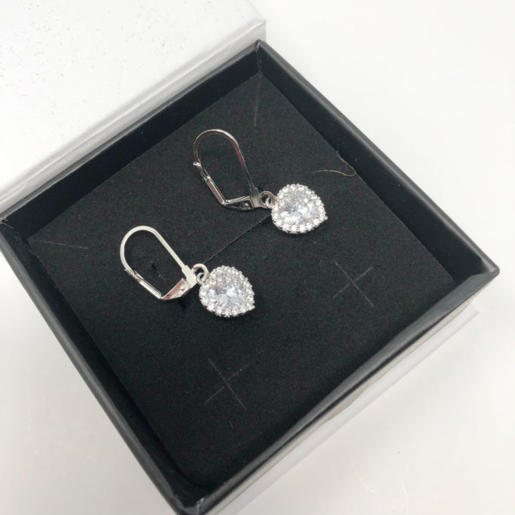 Cate & Chloe Subscription Box January 2019 - Amara 18k White Gold Plated Heart Shaped Halo Drop Earrings Box Open 2