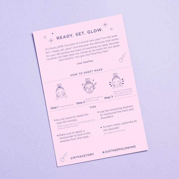Facetory 7 Lux January 2019 mask instructions card