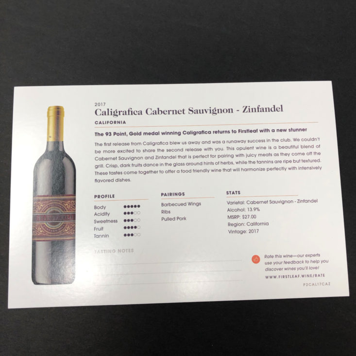 Firstleaf Wine Subscription Review January 2019 - Caligrafica Cabernet Sauvignon - Zinfandel (California) Info Card Back Top