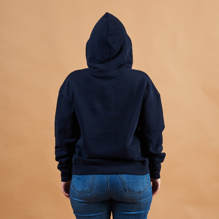 Frank and Oak pullover hoodie from behind on model in navy