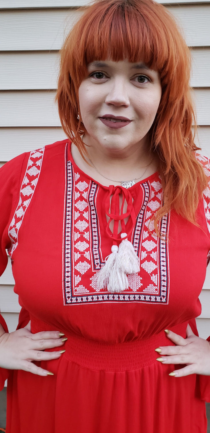 Gwynnie Bee Box Review November 2018 - Embroidered Cinched Waist Red Dress by Stellah On Pose 4 Front