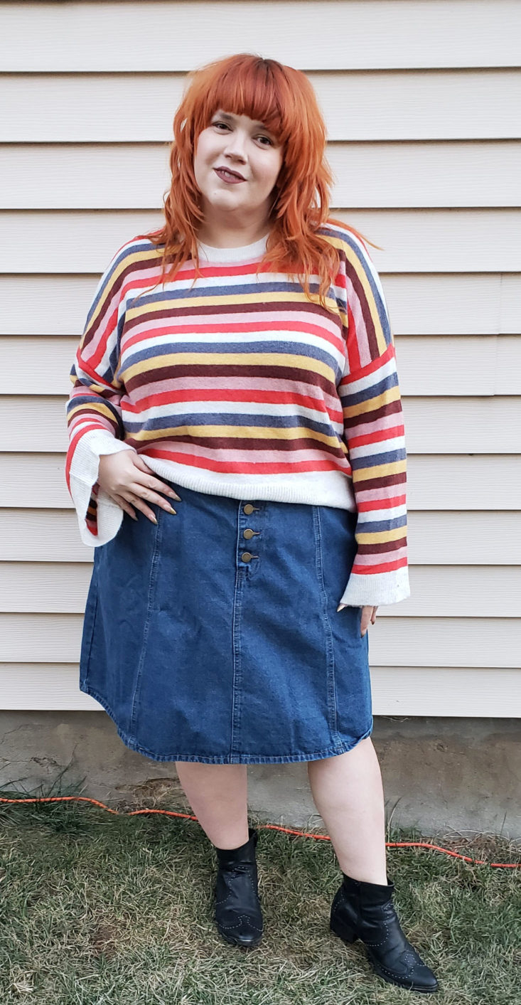 Gwynnie Bee Box Review November 2018 - Knee Length Denim Skirt by Modcloth On Pose 1 Front