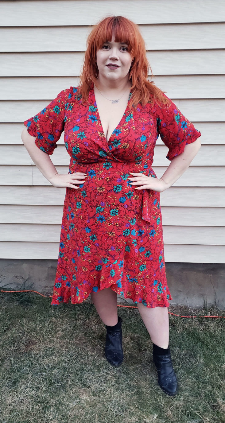 Gwynnie Bee Box Review November 2018 - Ruffle Sleeve Red True Floral Wrap Dress by London Times On Pose 1 Front