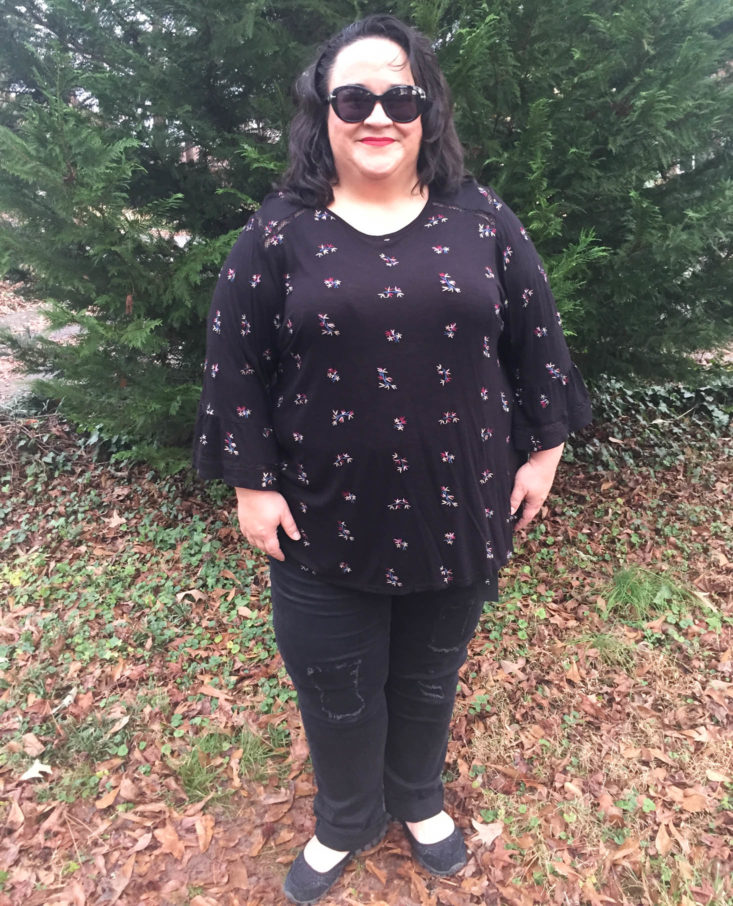 Gwynnie Bee January 2019 - Embroidered Bell Sleeve Black Top Front 1