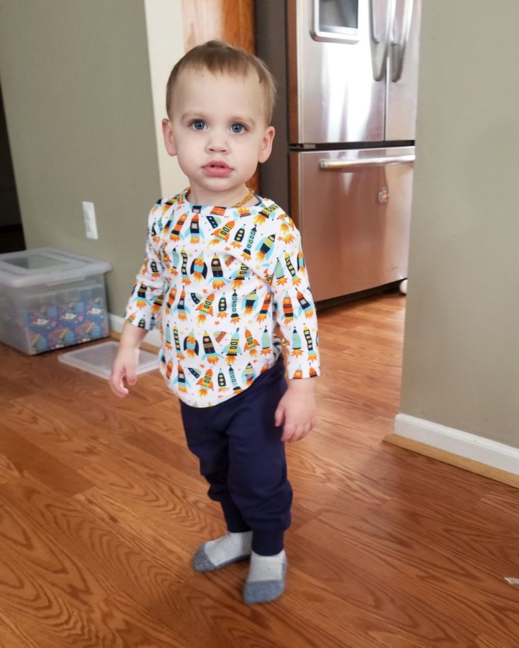 Kidbox Baby New Year's 2019 rocket ship shirt modeled