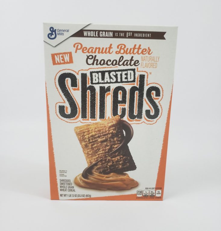 MONTHLY BOX OF FOOD AND SNACK REVIEW – January 2019 - Peanut Butter Chocolate Blasted Shreds Cereal Front