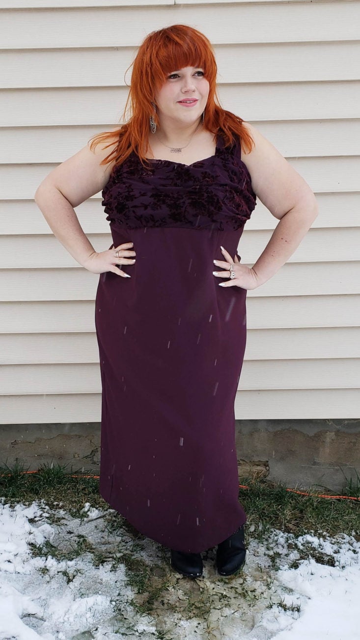 CHC Vintage Plus Clothing Box Review NYE 2018 - Eggplant Evening Gown by Patra No Size Tag Pose 2 Front