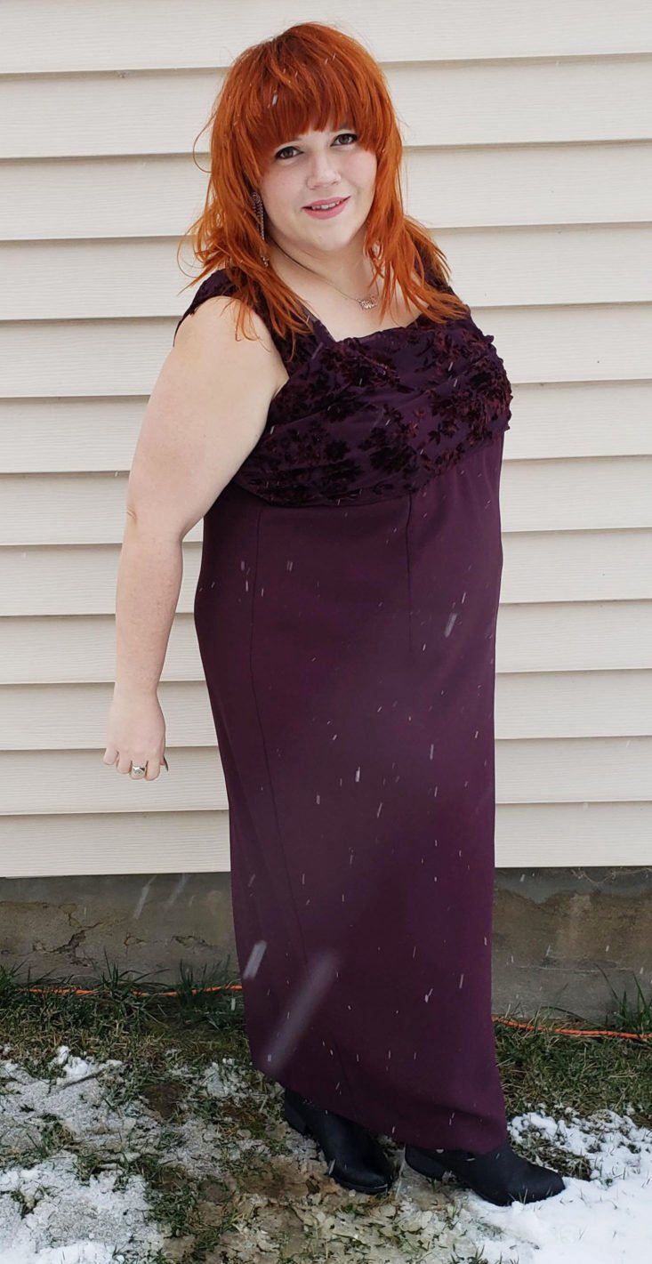 CHC Vintage Plus Clothing Box Review NYE 2018 - Eggplant Evening Gown by Patra No Size Tag Pose 3 Front
