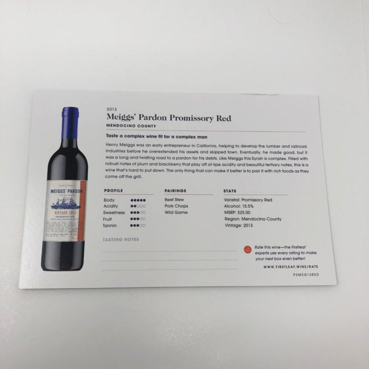 Firstleaf Wine February 2019 - 2013 Meiggs' Pardon Promissory Red (California) 28