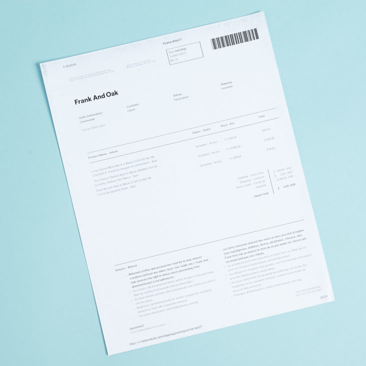 Frank and Oak invoice