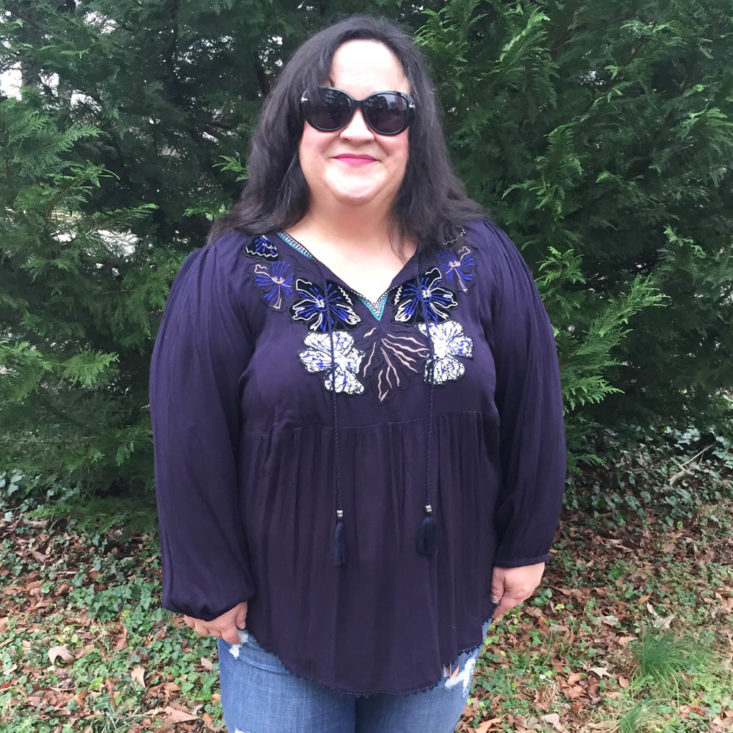 Gwynnie Bee Subscription Review February 2019 - Embroidered Navy Celine Peasant Top Onn Front