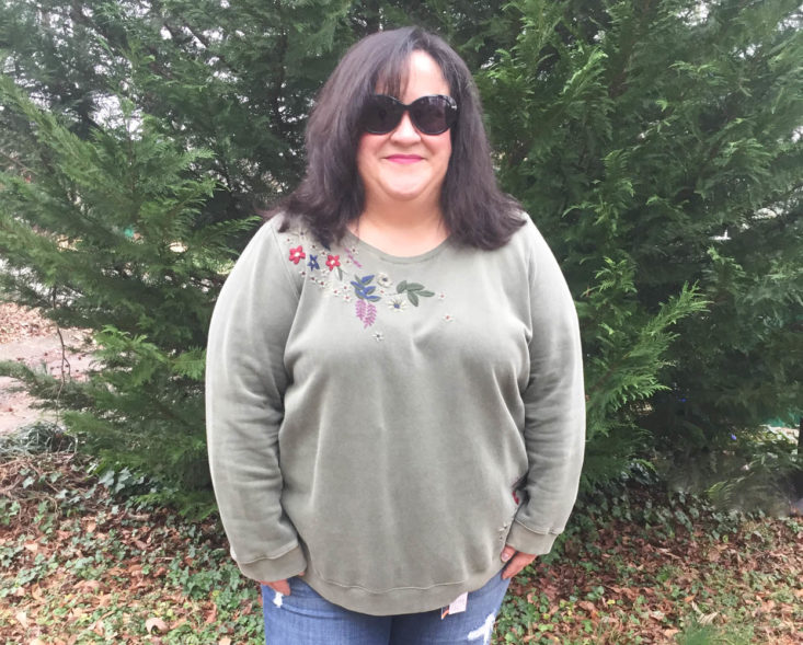 Gwynnie Bee Subscription Review February 2019 - Embroidered Olive Green Sweatshirt Onn Front